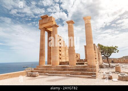Famous tourist attraction - Acropolis of Lindos. Ancient architecture of Greece. Travel destinations of Rhodes island Stock Photo