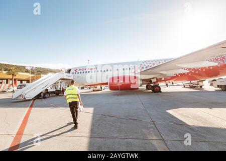 31 May 2019, Rhodes, Greece: technical staff prepares and inspects the plane of the airline Russia parked at the airport of Rhodes Stock Photo