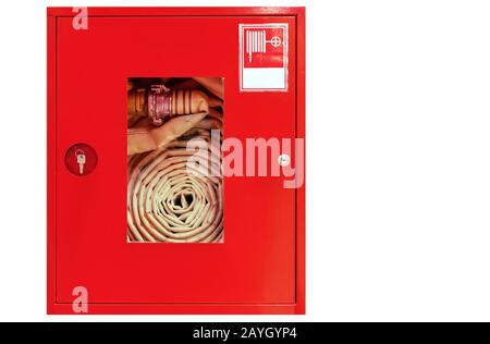 Red fire shield in an office building. Fire safety in buildings. The key is for an emergency. Stock Photo