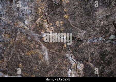 gray old cement cracked construction. Small colored stones are visible. There is still a little yellow lichen, green and gray moss. Closeup shot, back Stock Photo