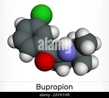 Bupropion, C13H18ClNO molecule. It is used for the treatment of Major Depressive Disorder (MDD), Seasonal Affective Disorder (SAD), smoking cessation. Stock Photo