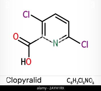 Clopyralid, C6H3Cl2NO2 molecule. It is herbicide, organochlorine pesticide. Skeletal chemical formula. Illustration Stock Photo