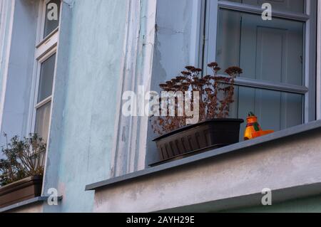 Open window looking out on windowsill with pots of dead dried flowers and bright orange detail. Classical european architecture in pastel mint green s Stock Photo