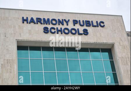 Harmony Public School sign on front entrance in Houston, TX. K-12 Schools focusing on math, science, engineering and computer tech. Stock Photo