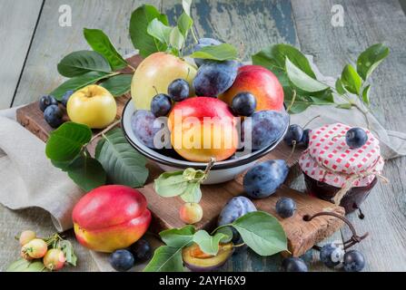 Several red nectarines with green leaves, blue plums and prunes in a enamelled bowl on the old wooden table Stock Photo