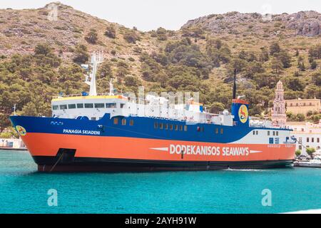 29 May 2019, Symi island, Greece: Greek passenger sea ferry ship of Dodekanisos Seaways Stock Photo