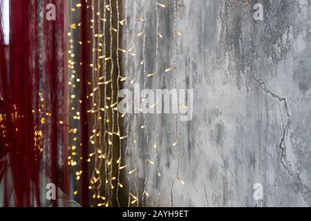 The retro light bulbs against the grey brick wall. loft interior Stock Photo