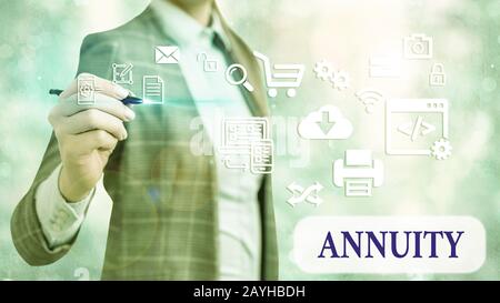 Word writing text Annuity. Business photo showcasing fixed sum of money paid to someone each year Series of payments Stock Photo