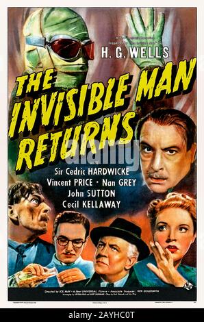 The Invisible Man Returns (1940) directed by Joe May and starring Sir Cedric Hardwicke, Vincent Price, Nan Grey, John Sutton and Cecil Kellaway. A framed murderer takes a drug to become invisible but its side effect is the gradual descent in to madness, can he find an antidote in time?. Stock Photo