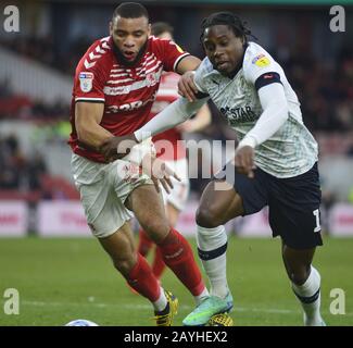 Boro's Harold Moukoudi and Luton's Pelly Ruddock-Mpanzu in action during the Sky Bet Championship match between Middlesbrough and Luton Town at the Riverside Stadium, Middlesbrough on Saturday 15th February 2020. (Credit: Tom Collins | Credit: MI News & Sport /Alamy Live News Stock Photo