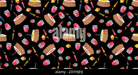 Birthday seamless pattern with cake, candles and cupcakes, pastries. Perfect design for fabric and textile, wrapping paper and wallpaper for walls Stock Vector