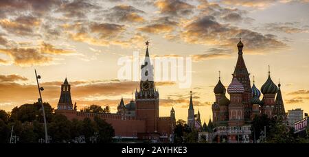 Moscow Kremlin and St Basil's Cathedral at sunset, Russia. It is the main tourist attractions of Moscow. Panoramic view of Moscow center in summer eve Stock Photo