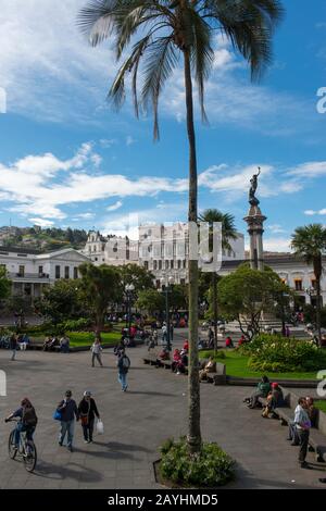 In the heart of Colonial Quito is the Main Square: Plaza Grande or Plaza de la Independencia in the city of Quito, Ecuador. Stock Photo
