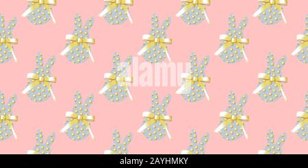 Easter background horizontal banner. Seamless pattern. Easter bunny rabbit on a pink background. Design for textile, fabric and wrapping paper.. Stock Vector