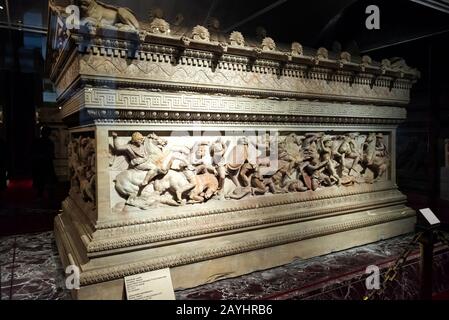 ISTANBUL - MAY 25, 2013: Sarcophagus of Alexander in the Archaeology Museum in Istanbul, Turkey. Famous Alexander tomb is the ancient Hellenistic ston Stock Photo