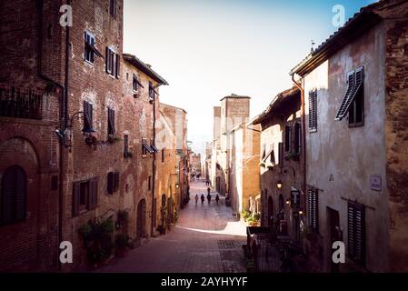Certaldo, Tuscany, Italy - December 2019: View of the main cobbled street in the medieval town of Certaldo, Tuscany, Italy Stock Photo