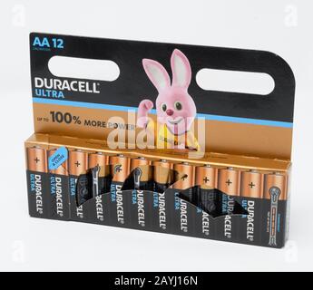 Reading, United Kingdom - December 29 2019:  A pack of 12 Duracell Ultra AA batteries Stock Photo