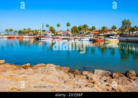 Boats at the pier in Side town, situated in Antalya region on the southern Mediterranean coast of Turkey. Stock Photo