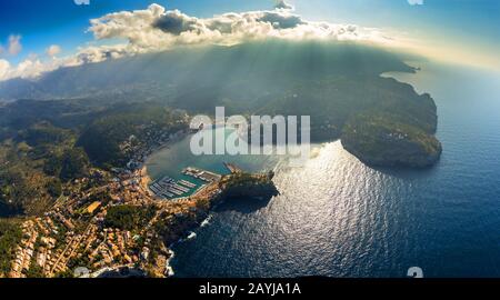 port of Port de Soller, Faro de Punta de Sa Creu and Cape Gros, 04.01.2020, aerial view, Spain, Balearic Islands, Majorca, Port De Soller Stock Photo