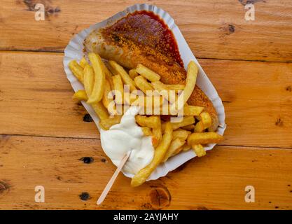 Currywurst with french fries, Majonnaise und Ketchup, Germany Stock Photo