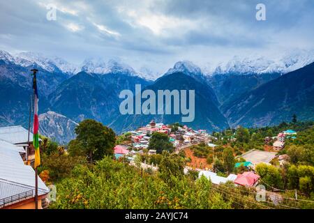 Kalpa and Kinnaur Kailash mountain aerial panoramic view. Kalpa is a small town in the Sutlej river valley, Himachal Pradesh in India Stock Photo