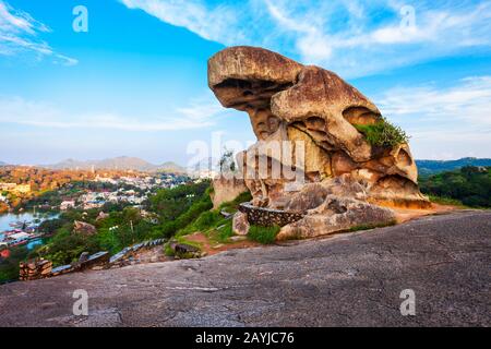 Toad rock on a hill in Mount Abu. Mount Abu is a hill station in Rajasthan state, India. Stock Photo