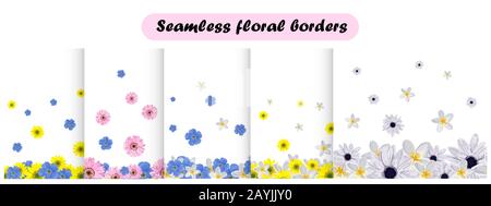 Set of Floral Seamless Vector Borders. repeating pattern. Element for greeting cards, surface decoration, ribbons, fabric decoration.. Stock Vector