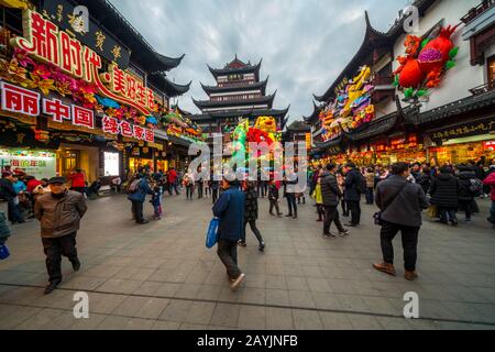 Shanghai, China - February 14, 2018: The famous Yu Garden in Shanghai, China, a traditional shopping area with historic building. Stock Photo