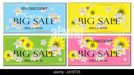 Set of leaflets spring sale banner background layout. Vector illustration template. Horizontal banner. Spring flowers.. Stock Vector