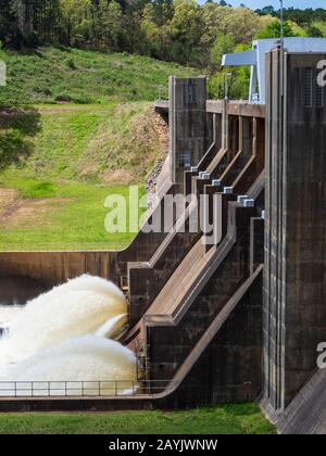 Water jets out from the Nimrod Dam on the Fourche LaFave River, Ouachita Mountains, Highway 7, Arkansas. Stock Photo