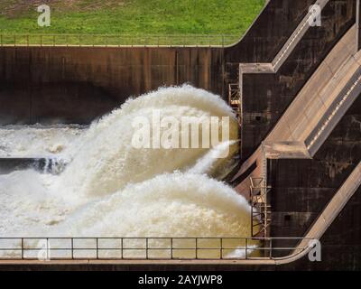 Water jets out from the Nimrod Dam on the Fourche LaFave River, Ouachita Mountains, Highway 7, Arkansas. Stock Photo