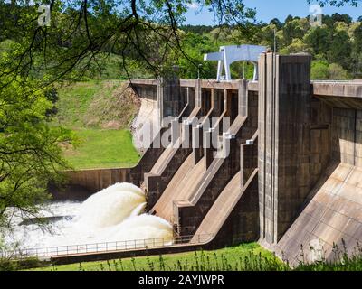 Water jets out from the Nimrod Dam on the Fourche LaFave River, Ouachita Mountains, Highway 7, Arkansas. Stock Photo