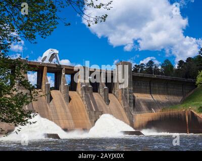 Water jets out from the Nimrod Dam on the Fourche LaFave River, Ouachita Mountains, Highway 7, Arkansas. Stock Photo