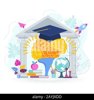 University hat on the brain. The metaphor of learning. Stock Vector