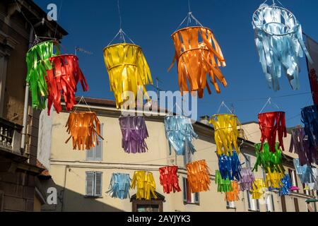 Villasanta, Monza Brianza, Lombardy, Italy: colorful decorations hanged Stock Photo