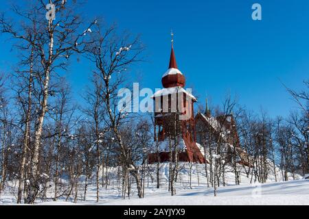 View of the Kiruna Church, one of largest wooden buildings in Sweden, built between 1909 to1912 in a Gothic Revival style in Swedish Lapland; northern Stock Photo