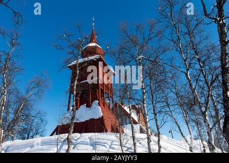 View of the Kiruna Church, one of largest wooden buildings in Sweden, built between 1909 to1912 in a Gothic Revival style in Swedish Lapland; northern Stock Photo