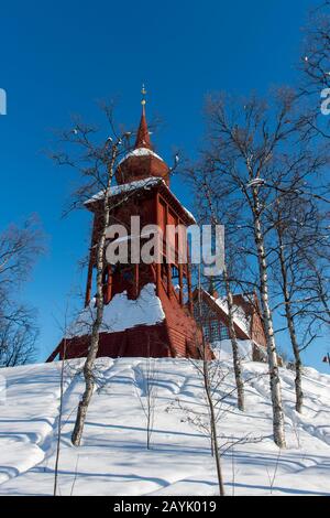 View of the Kiruna Church, one of largest wooden buildings in Sweden, built between 1909 to1912 in a Gothic Revival style in Swedish Lapland; northern Stock Photo