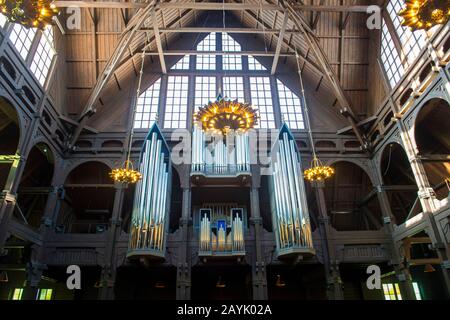 View of the organ in the Kiruna Church, one of largest wooden buildings in Sweden, built between 1909 to 1912 in a Gothic Revival style in Swedish Lap Stock Photo