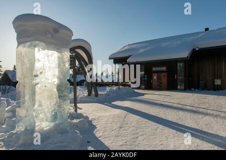 The reception building of the Icehotel in Jukkasjarvi near Kiruna in Swedish Lapland; northern Sweden. Stock Photo