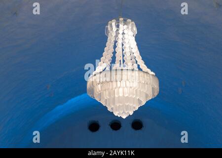 A ice chandelier at the Icebar in the ICEHOTEL 365 which was launched in 2016 and is a permanent structure offering year round the stay in the Icehote Stock Photo