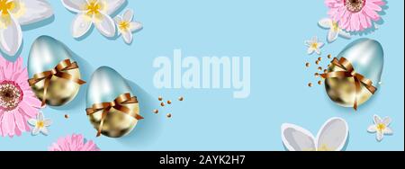 Spring spring background. Decorative elements on a blue background. Easter eggs. Happy easter. Vector illustration. Stock Vector