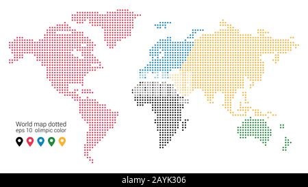 Dots Pattern Vector Map of the World. Stylized Silhouette of the World. Continents are Highlighted in Different Colors Stock Vector
