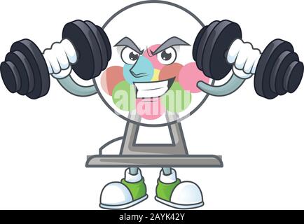 Lottery machine ball mascot icon on fitness exercise trying barbells Stock Vector