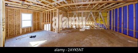 House room interior under construction unfinish wooden roofing of beam frame for building Stock Photo