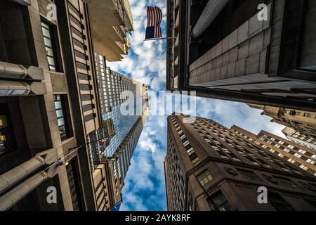 NEW YORK, USA - OCTOBER 08: Financial district city buildings outside in the lower Manhattan area near wall street on October 08, 2019 in New York Stock Photo