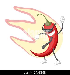 The cartoon character hot pepper in glasses and tie is smiling in the fire on a white isolated background. Vector image Stock Vector