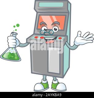 A genius Professor arcade game machine cartoon character with glass tube Stock Vector