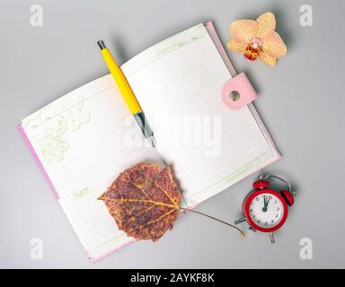 The dried sheet and pen lie on an open notebook. The alarm clock reminds of time. Office. School supplies. Place for text. View from above. Stock Photo