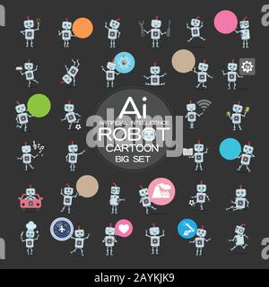 Vector illustration of big set cute cartoon AI robot, Artificial intelligence technology robot character pack for a cyber futuristic concept Stock Vector